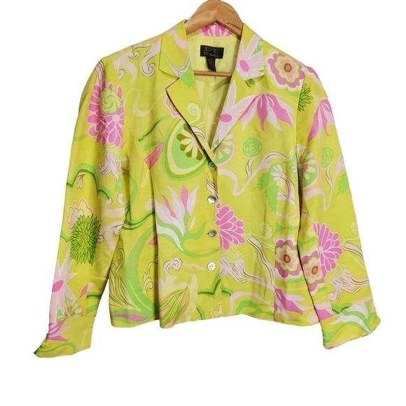 DT Collection Blazer Womens 12 Yellow Linen Bright Floral Retro Short Casual - Picture 1 of 9